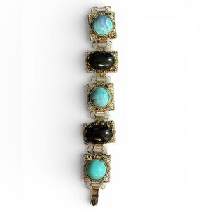 Estate Book Chain Faux Turquoise & Onyx Bracelet